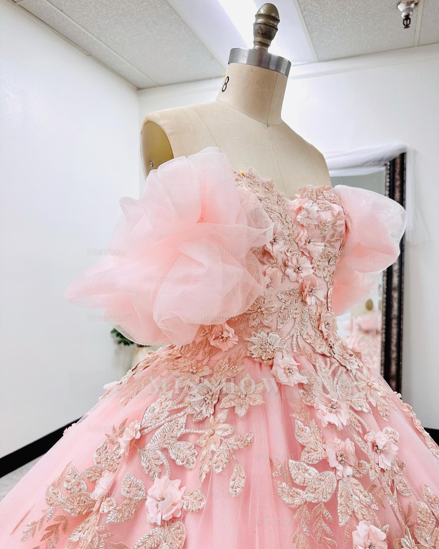 Misshow Off-Shoulder Ball Gown with Puff Sleeves Floral Appliques & Beaded Details Pink Tulle Quinceanera Dress for Sweet 16