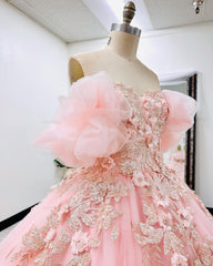 Misshow Off-Shoulder Ball Gown with Puff Sleeves Floral Appliques & Beaded Details Pink Tulle Quinceanera Dress for Sweet 16