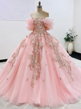 Misshow Off-Shoulder Ball Gown with Puff Sleeves Floral Appliques & Beaded Details Pink Tulle Quinceanera Dress for Sweet 16
