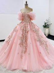 Misshow Off-Shoulder Ball Gown with Puff Sleeves Floral Appliques & Beaded Details Pink Tulle Quinceanera Dress for Sweet 16