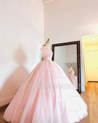 Misshow Off-Shoulder Ball Gown with Puff Sleeves Pink Tulle Quinceanera & Sweet 16 Princess Dress