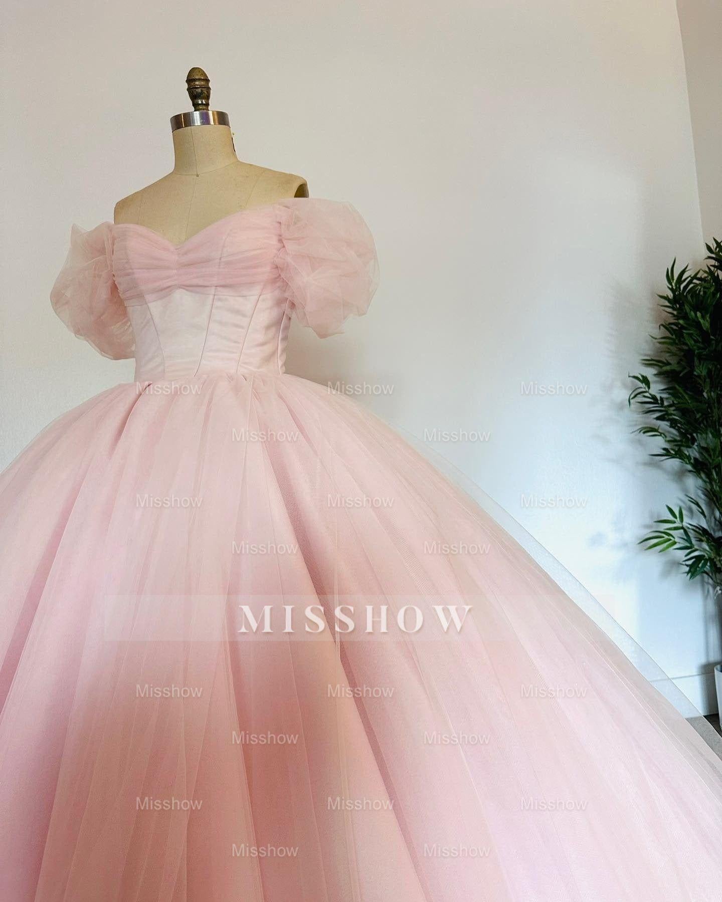 Misshow Off-Shoulder Ball Gown with Puff Sleeves Pink Tulle Quinceanera & Sweet 16 Princess Dress