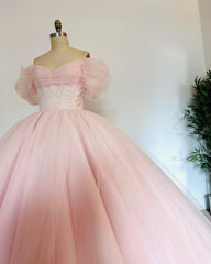 Misshow Off-Shoulder Ball Gown with Puff Sleeves Pink Tulle Quinceanera & Sweet 16 Princess Dress