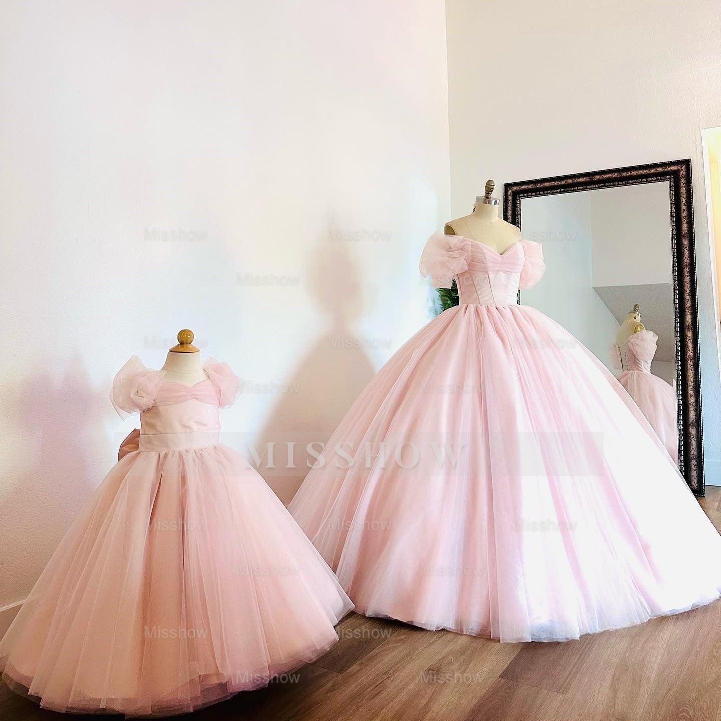 Misshow Off-Shoulder Ball Gown with Puff Sleeves Pink Tulle Quinceanera & Sweet 16 Princess Dress
