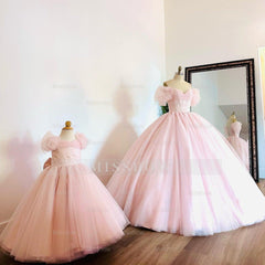 Misshow Off-Shoulder Ball Gown with Puff Sleeves Pink Tulle Quinceanera & Sweet 16 Princess Dress