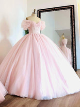 Misshow Off-Shoulder Ball Gown with Puff Sleeves Pink Tulle Quinceanera & Sweet 16 Princess Dress