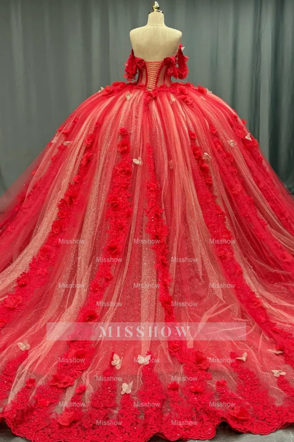 Misshow Off-Shoulder Ball Gown with Sequins & 3D Floral Appliques Sparkling Red Tulle Quinceanera & Party Dress