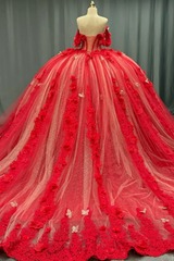 Misshow Off-Shoulder Ball Gown with Sequins & 3D Floral Appliques Sparkling Red Tulle Quinceanera & Party Dress
