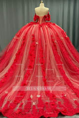 Misshow Off-Shoulder Ball Gown with Sequins & 3D Floral Appliques Sparkling Red Tulle Quinceanera & Party Dress