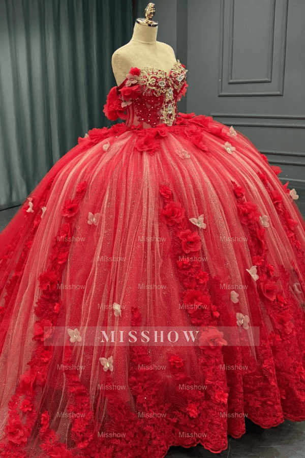 Misshow Off-Shoulder Ball Gown with Sequins & 3D Floral Appliques Sparkling Red Tulle Quinceanera & Party Dress