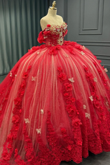 Misshow Off-Shoulder Ball Gown with Sequins & 3D Floral Appliques Sparkling Red Tulle Quinceanera & Party Dress