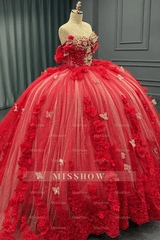 Misshow Off-Shoulder Ball Gown with Sequins & 3D Floral Appliques Sparkling Red Tulle Quinceanera & Party Dress
