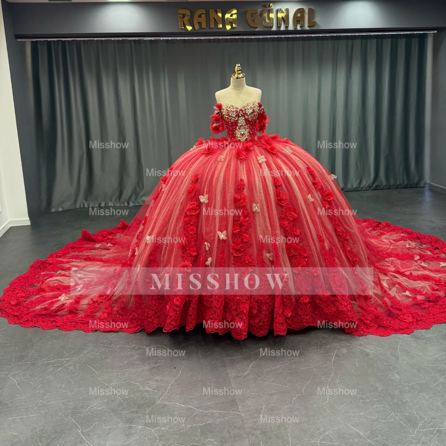 Misshow Off-Shoulder Ball Gown with Sequins & 3D Floral Appliques Sparkling Red Tulle Quinceanera & Party Dress
