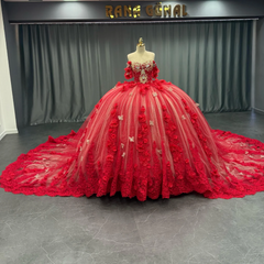 Misshow Off-Shoulder Ball Gown with Sequins & 3D Floral Appliques Sparkling Red Tulle Quinceanera & Party Dress
