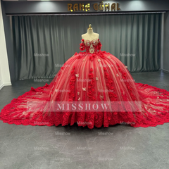 Misshow Off-Shoulder Ball Gown with Sequins & 3D Floral Appliques Sparkling Red Tulle Quinceanera & Party Dress