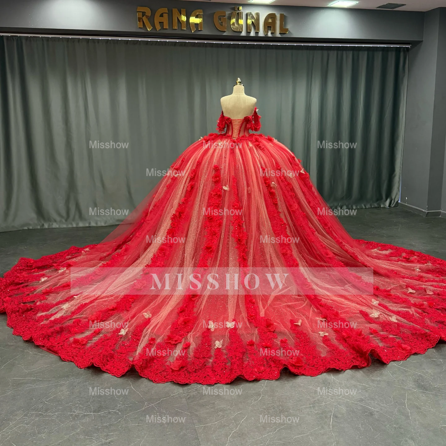 Misshow Off-Shoulder Ball Gown with Sequins & 3D Floral Appliques Sparkling Red Tulle Quinceanera & Party Dress