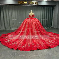Misshow Off-Shoulder Ball Gown with Sequins & 3D Floral Appliques Sparkling Red Tulle Quinceanera & Party Dress
