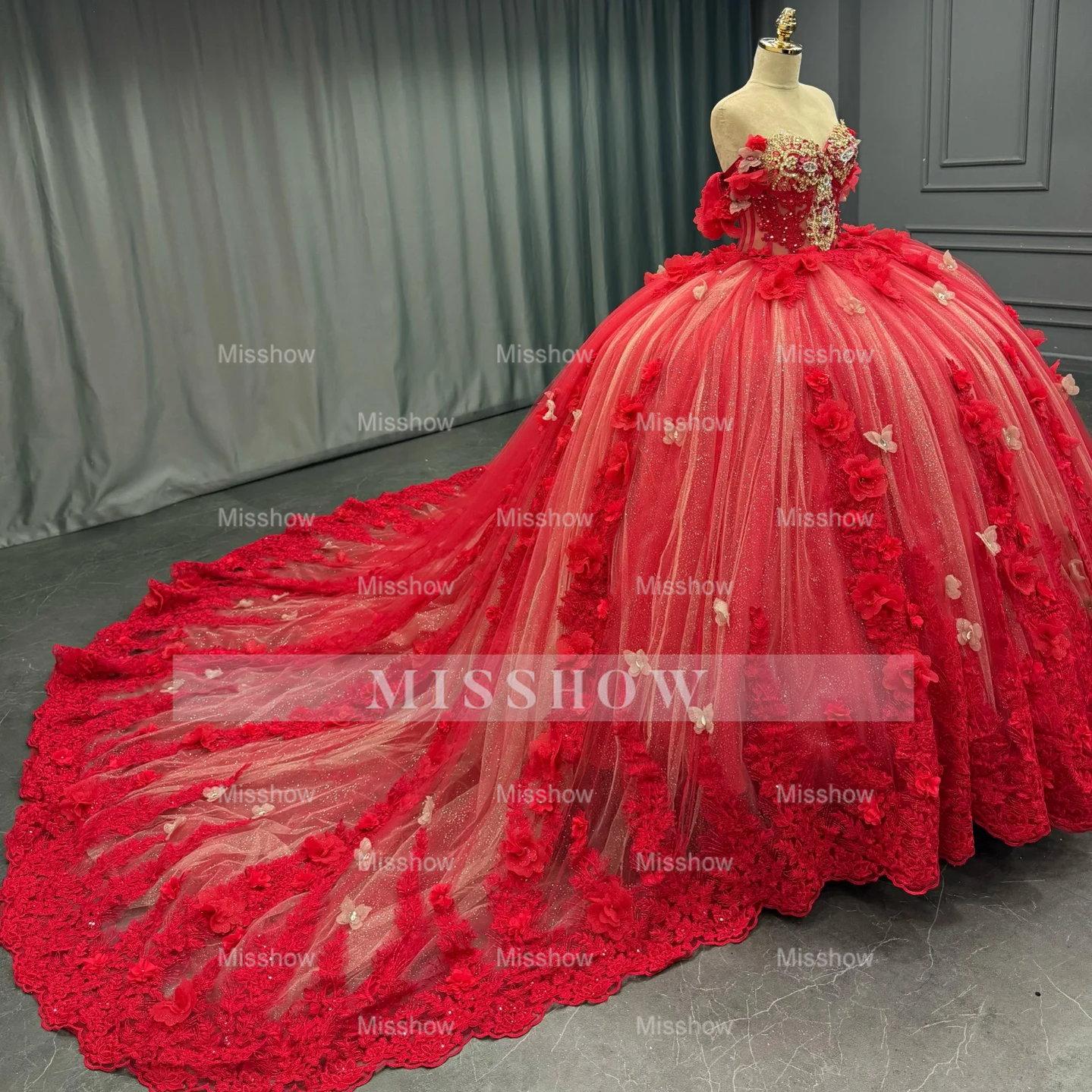 Misshow Off-Shoulder Ball Gown with Sequins & 3D Floral Appliques Sparkling Red Tulle Quinceanera & Party Dress
