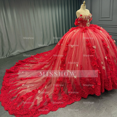 Misshow Off-Shoulder Ball Gown with Sequins & 3D Floral Appliques Sparkling Red Tulle Quinceanera & Party Dress