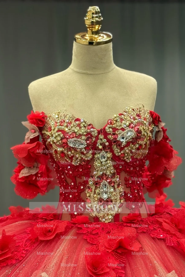Misshow Off-Shoulder Ball Gown with Sequins & 3D Floral Appliques Sparkling Red Tulle Quinceanera & Party Dress