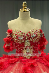 Misshow Off-Shoulder Ball Gown with Sequins & 3D Floral Appliques Sparkling Red Tulle Quinceanera & Party Dress
