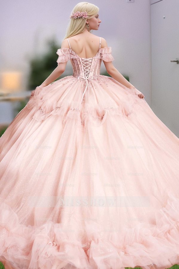 Misshow Off-Shoulder Ball Gown with Sequins & Beaded Appliques Tiered Pink Tulle Quinceanera Dress for Sweet 16 & Birthday Parties