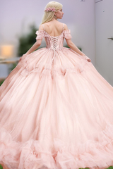 Misshow Off-Shoulder Ball Gown with Sequins & Beaded Appliques Tiered Pink Tulle Quinceanera Dress for Sweet 16 & Birthday Parties