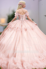Misshow Off-Shoulder Ball Gown with Sequins & Beaded Appliques Tiered Pink Tulle Quinceanera Dress for Sweet 16 & Birthday Parties