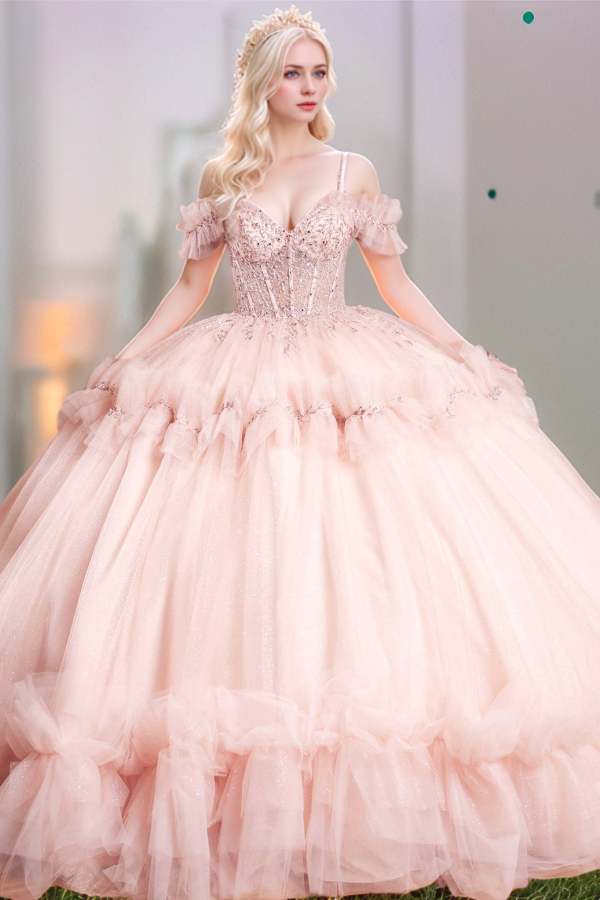 Misshow Off-Shoulder Ball Gown with Sequins & Beaded Appliques Tiered Pink Tulle Quinceanera Dress for Sweet 16 & Birthday Parties