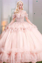 Misshow Off-Shoulder Ball Gown with Sequins & Beaded Appliques Tiered Pink Tulle Quinceanera Dress for Sweet 16 & Birthday Parties