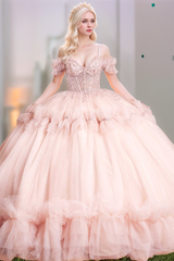 Misshow Off-Shoulder Ball Gown with Sequins & Beaded Appliques Tiered Pink Tulle Quinceanera Dress for Sweet 16 & Birthday Parties