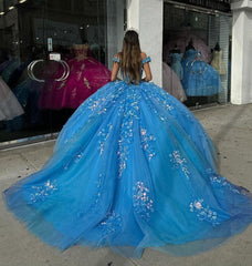 Misshow Off-Shoulder Beaded Lace Ball Gown Blue Tulle Quinceanera Dress for Sweet 16 & Evening Galas