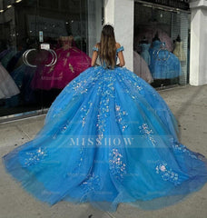 Misshow Off-Shoulder Beaded Lace Ball Gown Blue Tulle Quinceanera Dress for Sweet 16 & Evening Galas