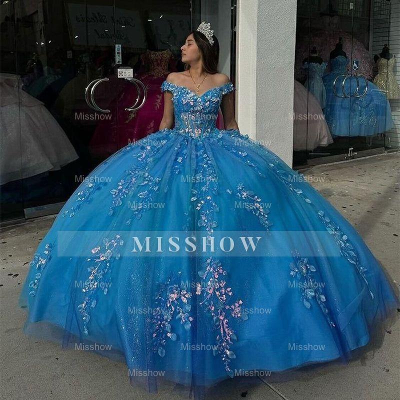 Misshow Off-Shoulder Beaded Lace Ball Gown Blue Tulle Quinceanera Dress for Sweet 16 & Evening Galas