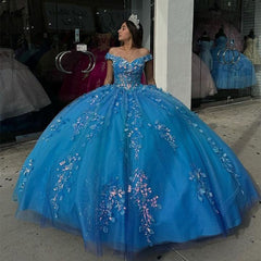 Misshow Off-Shoulder Beaded Lace Ball Gown Blue Tulle Quinceanera Dress for Sweet 16 & Evening Galas