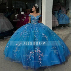 Misshow Off-Shoulder Beaded Lace Ball Gown Blue Tulle Quinceanera Dress for Sweet 16 & Evening Galas