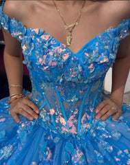 Misshow Off-Shoulder Beaded Lace Ball Gown Blue Tulle Quinceanera Dress for Sweet 16 & Evening Galas