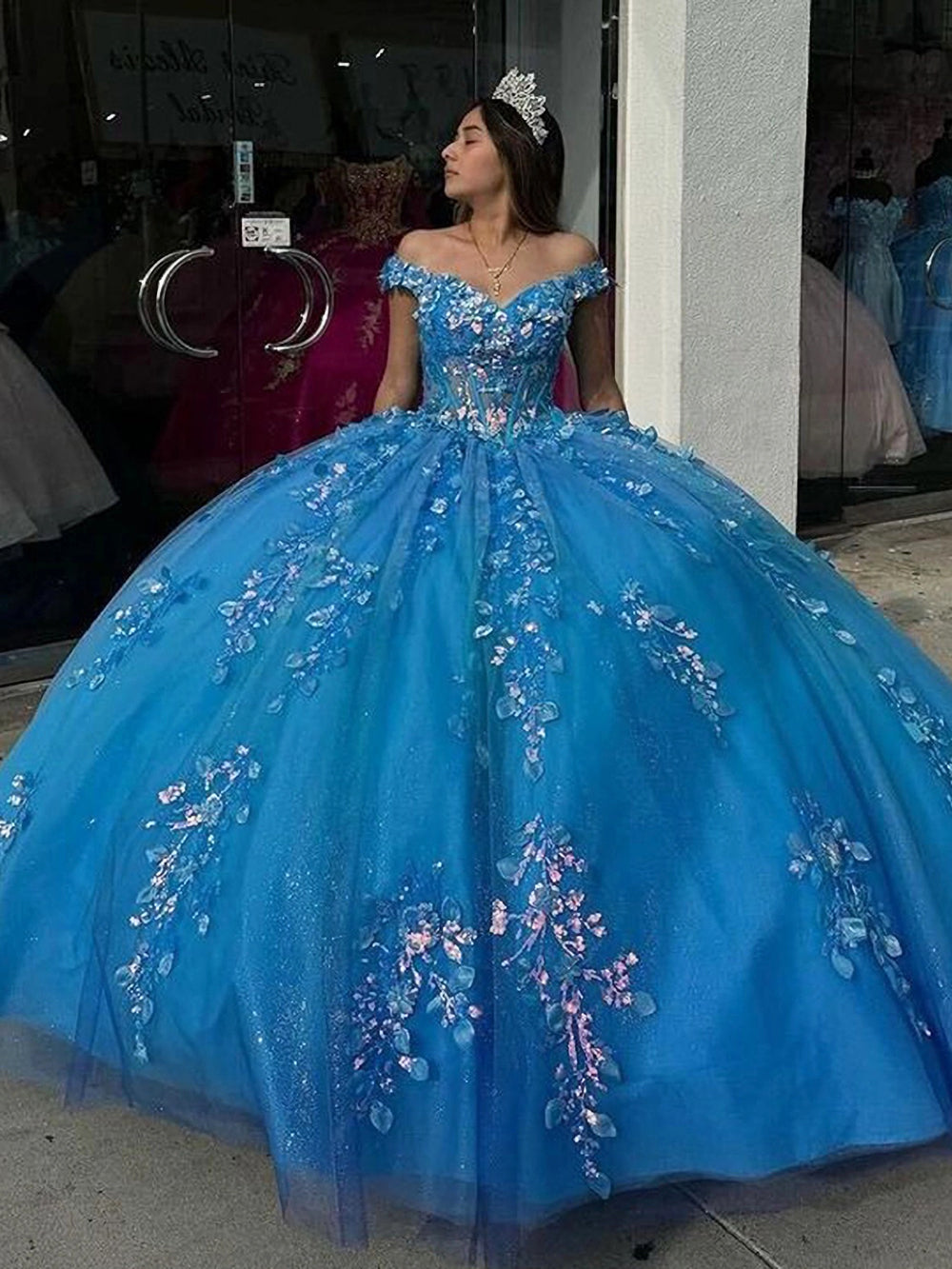 Misshow Off-Shoulder Beaded Lace Ball Gown Blue Tulle Quinceanera Dress for Sweet 16 & Evening Galas