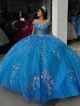 Misshow Off-Shoulder Beaded Lace Ball Gown Blue Tulle Quinceanera Dress for Sweet 16 & Evening Galas