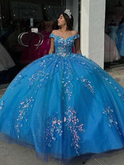 Misshow Off-Shoulder Beaded Lace Ball Gown Blue Tulle Quinceanera Dress for Sweet 16 & Evening Galas