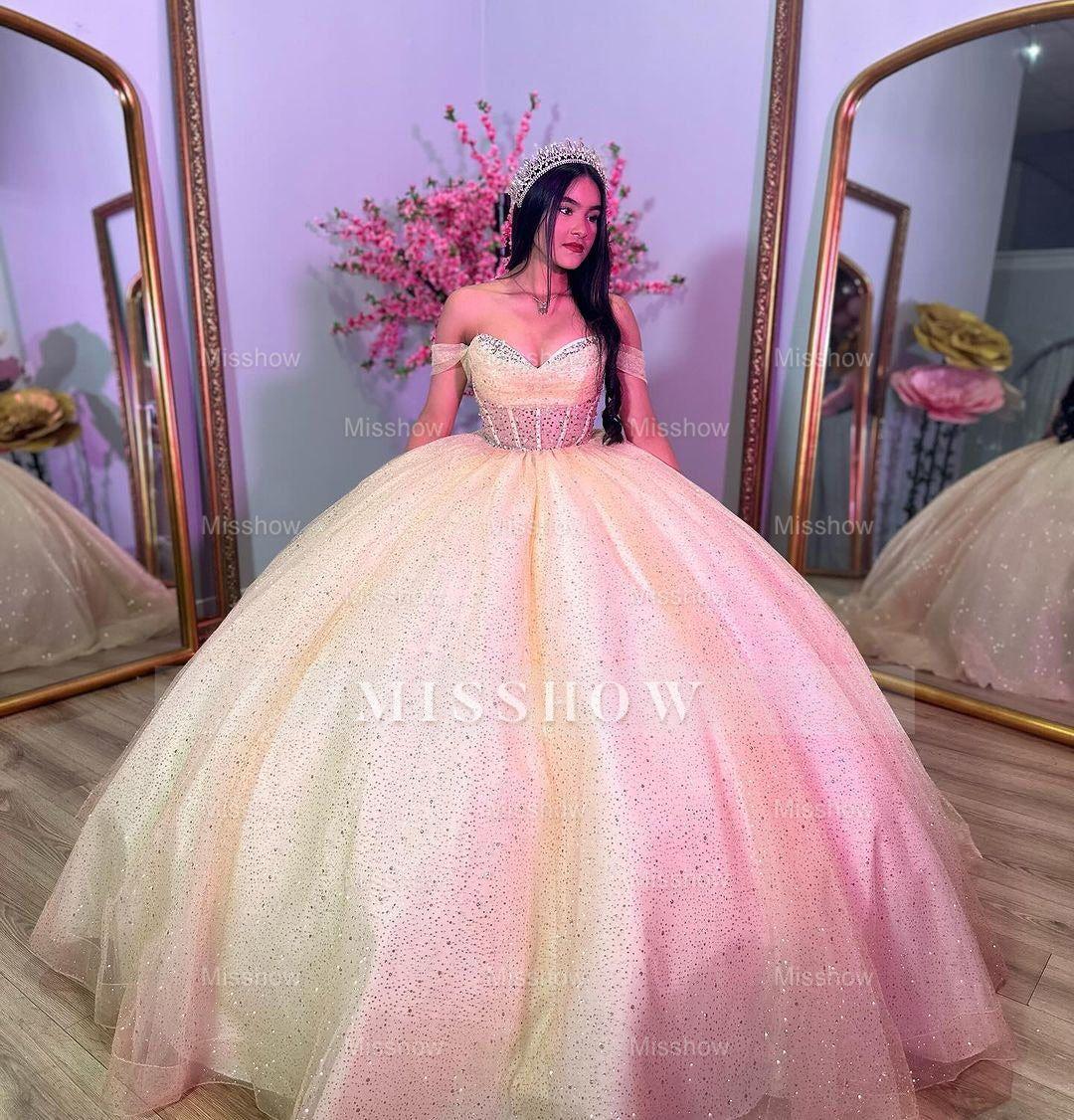 Misshow Off-Shoulder Beaded Tulle Ball Gown Princess Quinceanera & Sweet 16 Party Dress