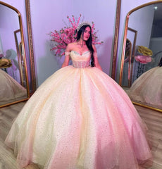 Misshow Off-Shoulder Beaded Tulle Ball Gown Princess Quinceanera & Sweet 16 Party Dress