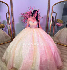 Misshow Off-Shoulder Beaded Tulle Ball Gown Princess Quinceanera & Sweet 16 Party Dress