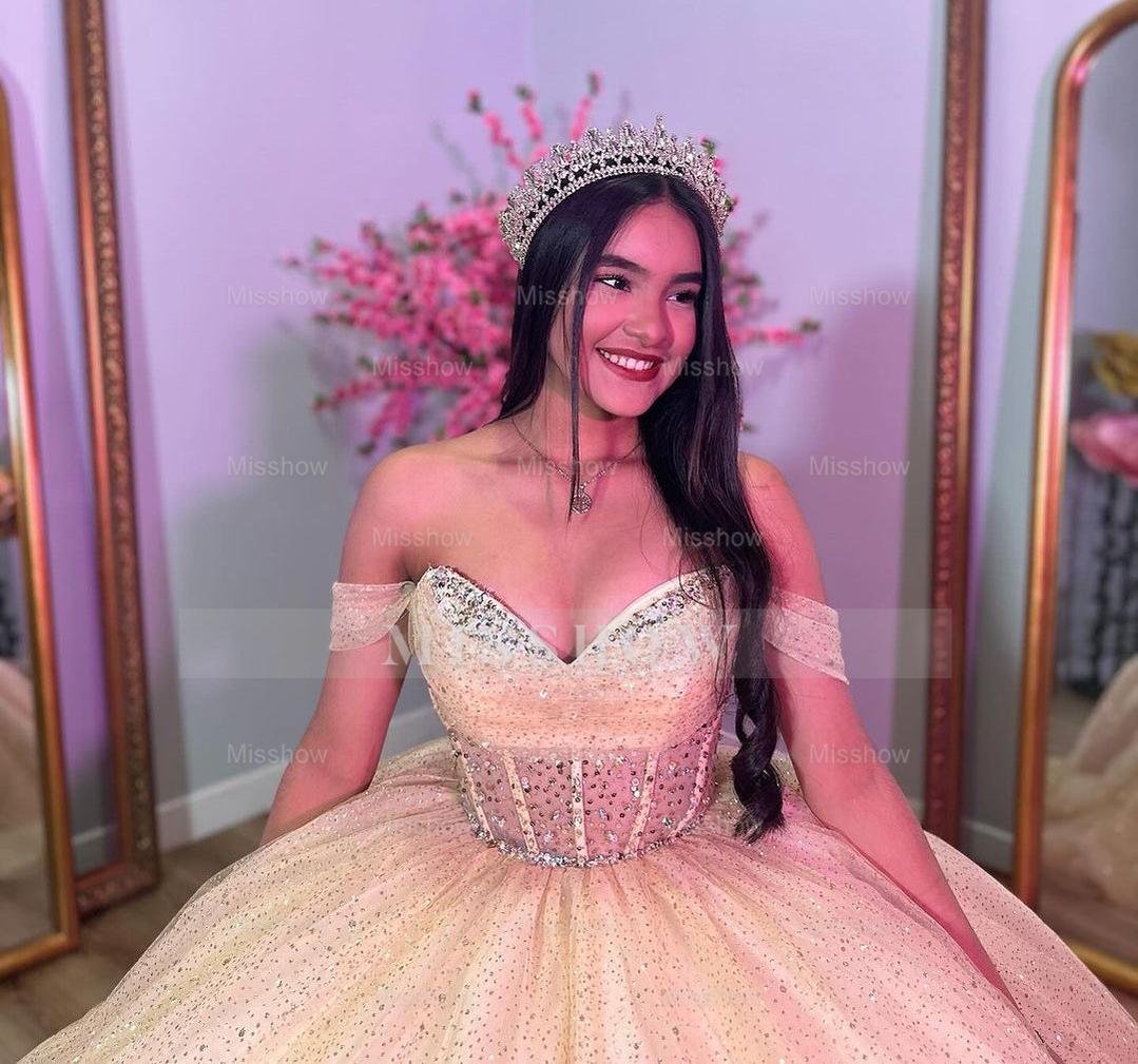 Misshow Off-Shoulder Beaded Tulle Ball Gown Princess Quinceanera & Sweet 16 Party Dress