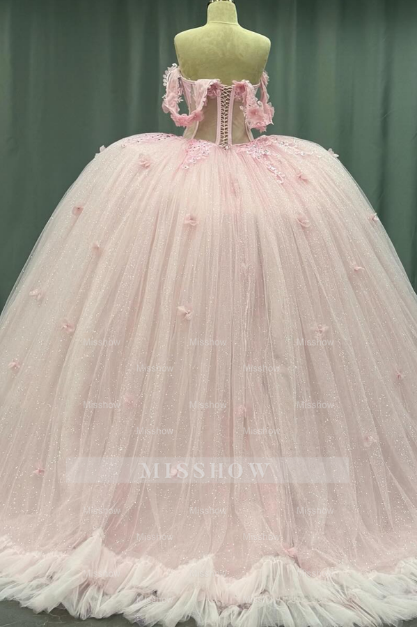 Misshow Off-Shoulder Crystal Beaded Ball Gown with 3D Floral Embellishments Perfect for Quinceaneras Sweet 16 & Formal Evenings