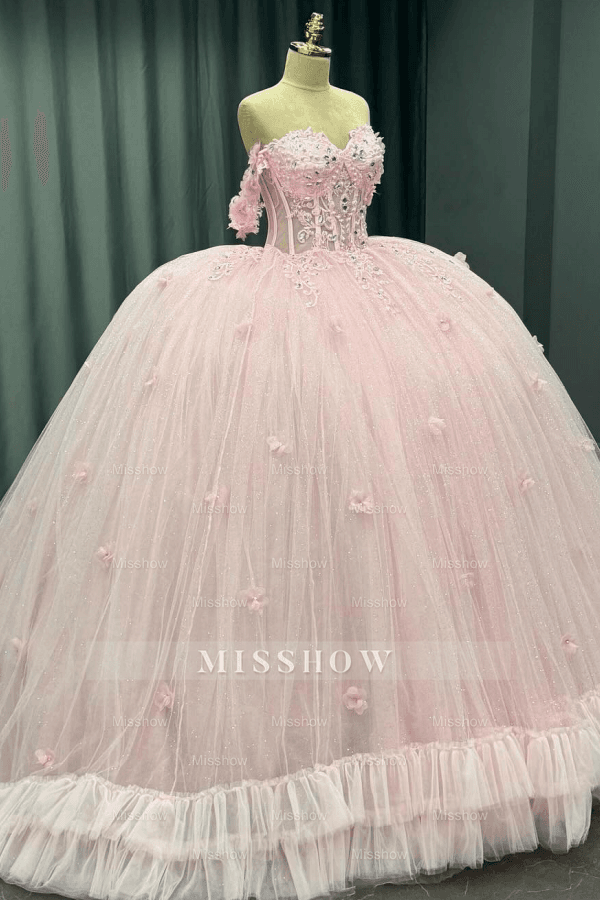 Misshow Off-Shoulder Crystal Beaded Ball Gown with 3D Floral Embellishments Perfect for Quinceaneras Sweet 16 & Formal Evenings