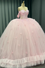 Misshow Off-Shoulder Crystal Beaded Ball Gown with 3D Floral Embellishments Perfect for Quinceaneras Sweet 16 & Formal Evenings