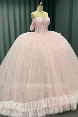 Misshow Off-Shoulder Crystal Beaded Ball Gown with 3D Floral Embellishments Perfect for Quinceaneras Sweet 16 & Formal Evenings