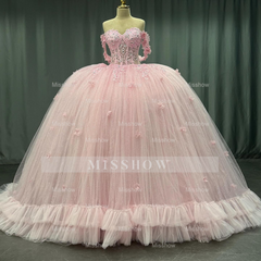 Misshow Off-Shoulder Crystal Beaded Ball Gown with 3D Floral Embellishments Perfect for Quinceaneras Sweet 16 & Formal Evenings