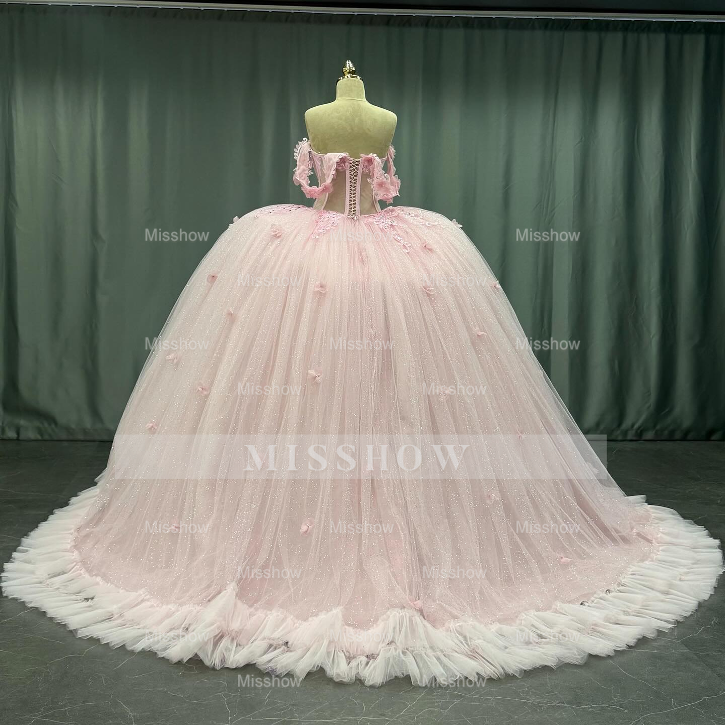 Misshow Off-Shoulder Crystal Beaded Ball Gown with 3D Floral Embellishments Perfect for Quinceaneras Sweet 16 & Formal Evenings